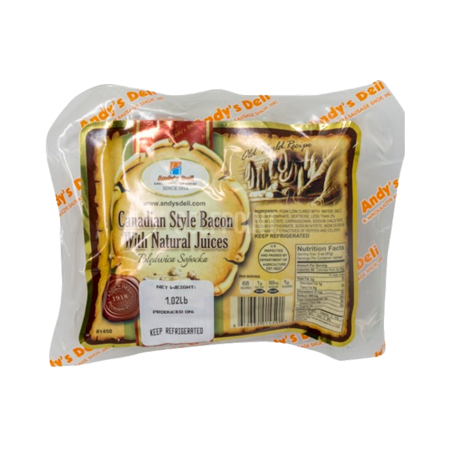ANDY'S DELI (Pre-Pk) Bacon Canadian Style (Poledwica), by lb