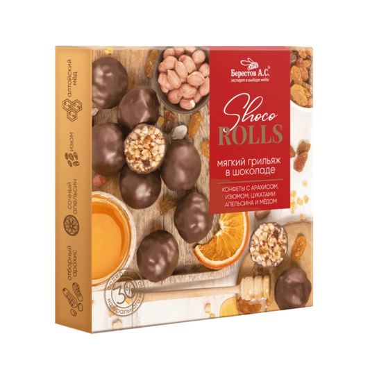 BERESTOV Choco Rolls Grilyazh with Peanut, Raisin, Orange and Honey Box, 135g