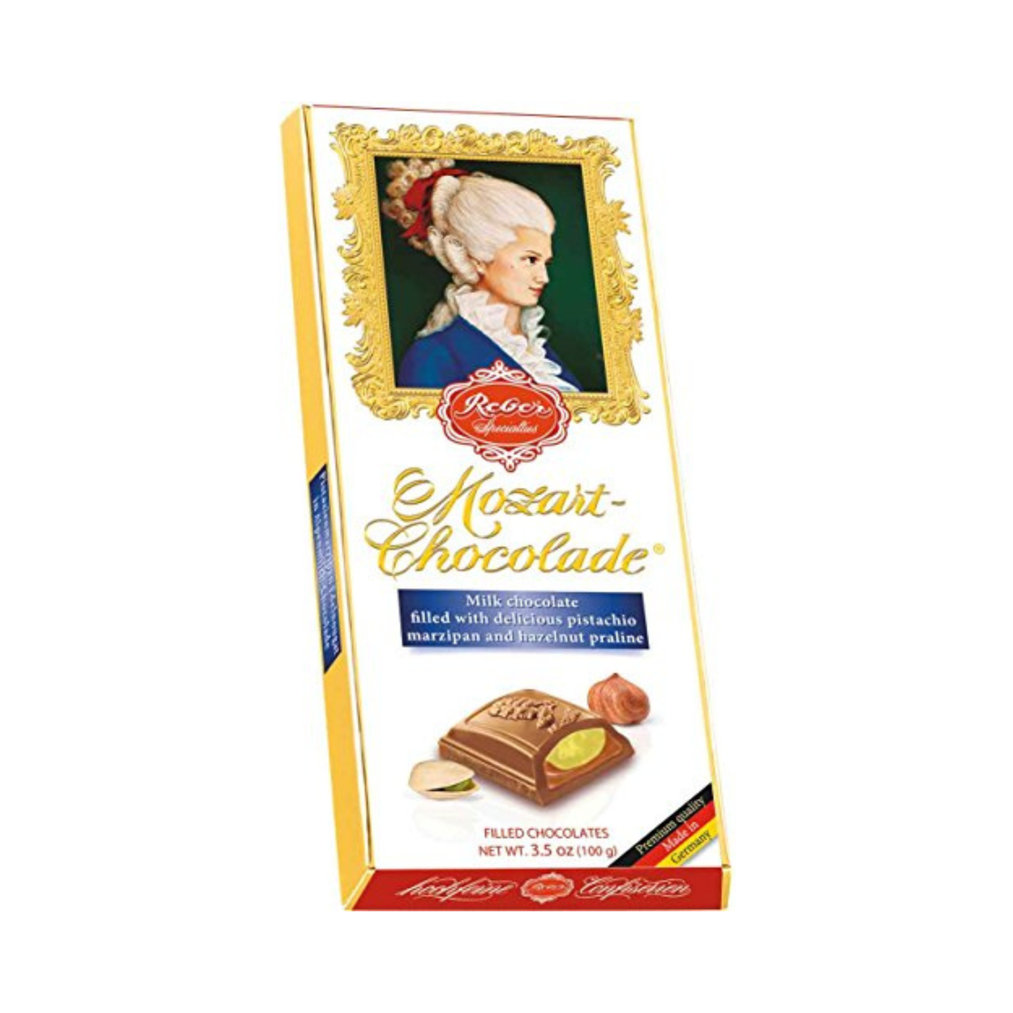 REBER Constanze Mozart Milk Chocolate with Pistachio Marzipan and Hazelnut, 100g