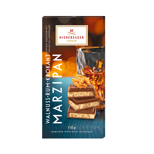 NIEDEREGGER Milk Chocolate with Marzipan Tafel Walnuss, Rum, Krokant, 110g