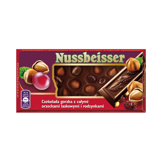 NUSSBEISSER Dark Chocolate with Hazelnuts and Raisins, 100g